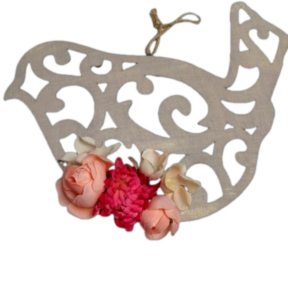 Wooden Lasercut Filigree Pink Floral Bird Hanging Wood Sign Spring Bird Decor